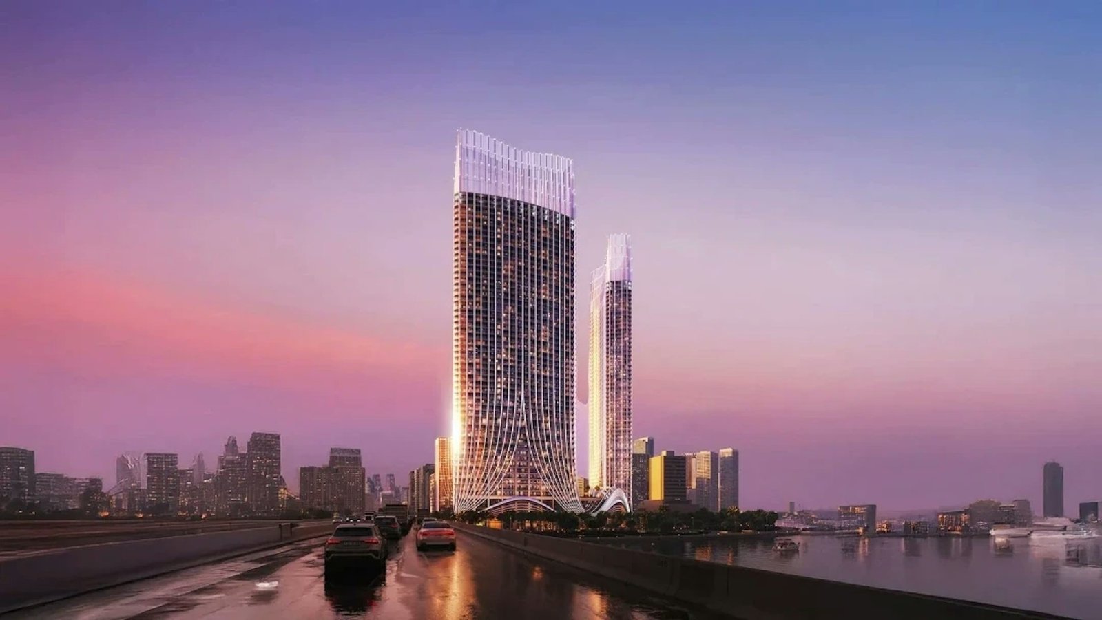 Binghatti towers at dusk — developments marketed by Wincasa